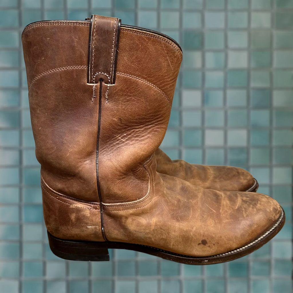 VTG Justin Leather Cowboy Boots Western Men\'s 11.5D Brown EX Tread #2555 USA Vintage Justin Boots Mens Brown Leather Western Roper Cowboy  main image 3