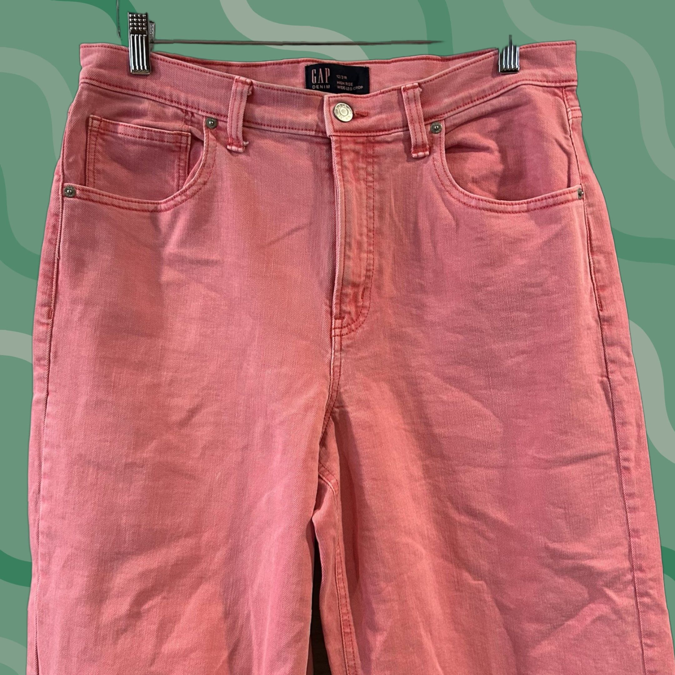 Gap GAP Womens Jeans Candy Coral High Rise Wide-Leg Crop 12 Regular 33x27 Denim Cotton Spandex Raw Hem Pink 12 Inseam 27" Size 34" / US 12 / IT 48 - 1 Thumbnail