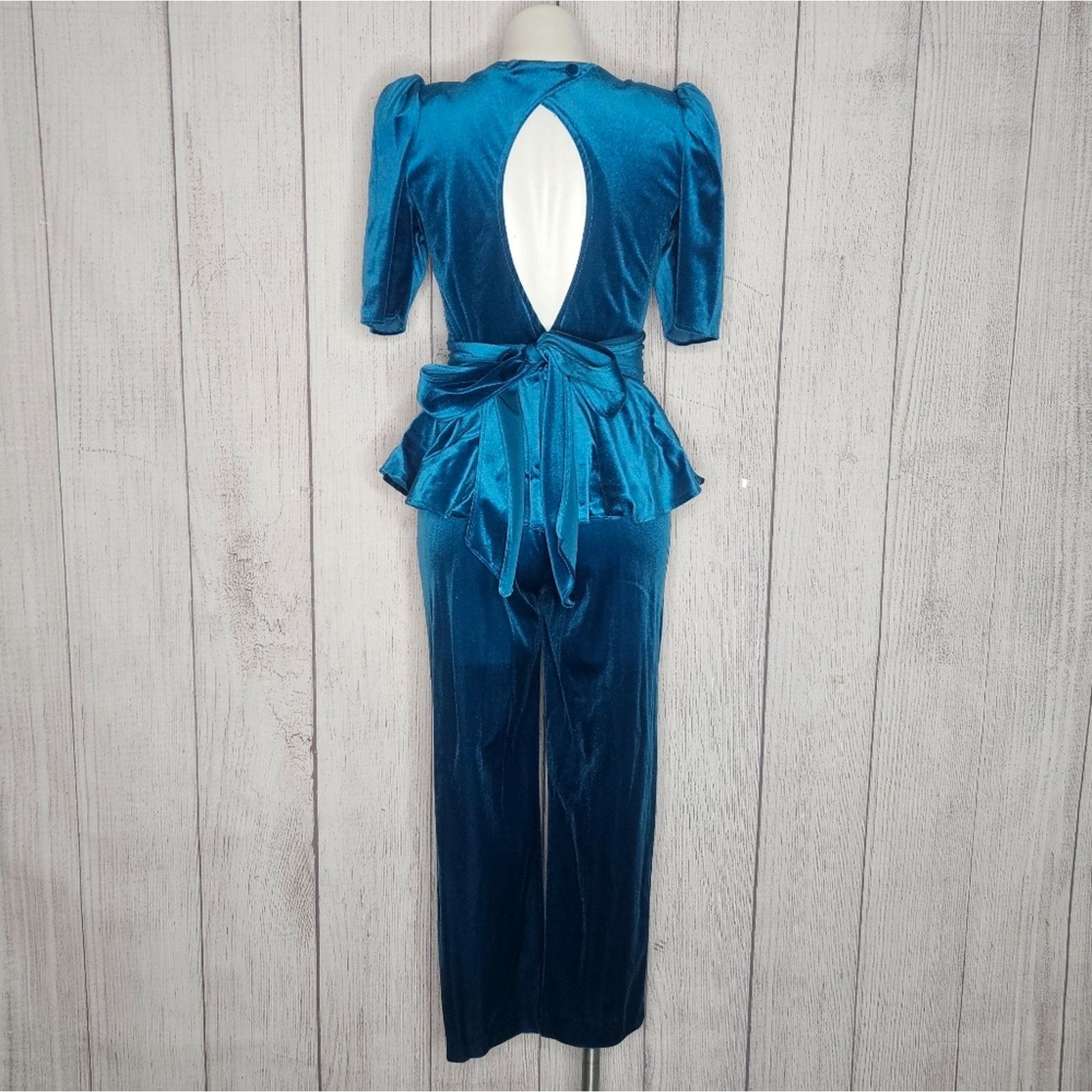 Vintage VTG 80s Teal Velvet Peplum Waist Jumpsuit with Open Back Size 28" / US 6 / IT 42 - 6 Thumbnail