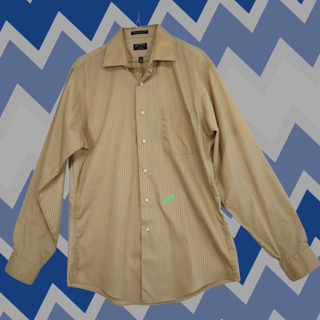 Arrow Arrow Shirt Mens Medium 15-15.5 34/35 Gold Striped Button Up Long Sleeve Wool? No. Size US L / EU 52-54 / 3 - 1 Thumbnail