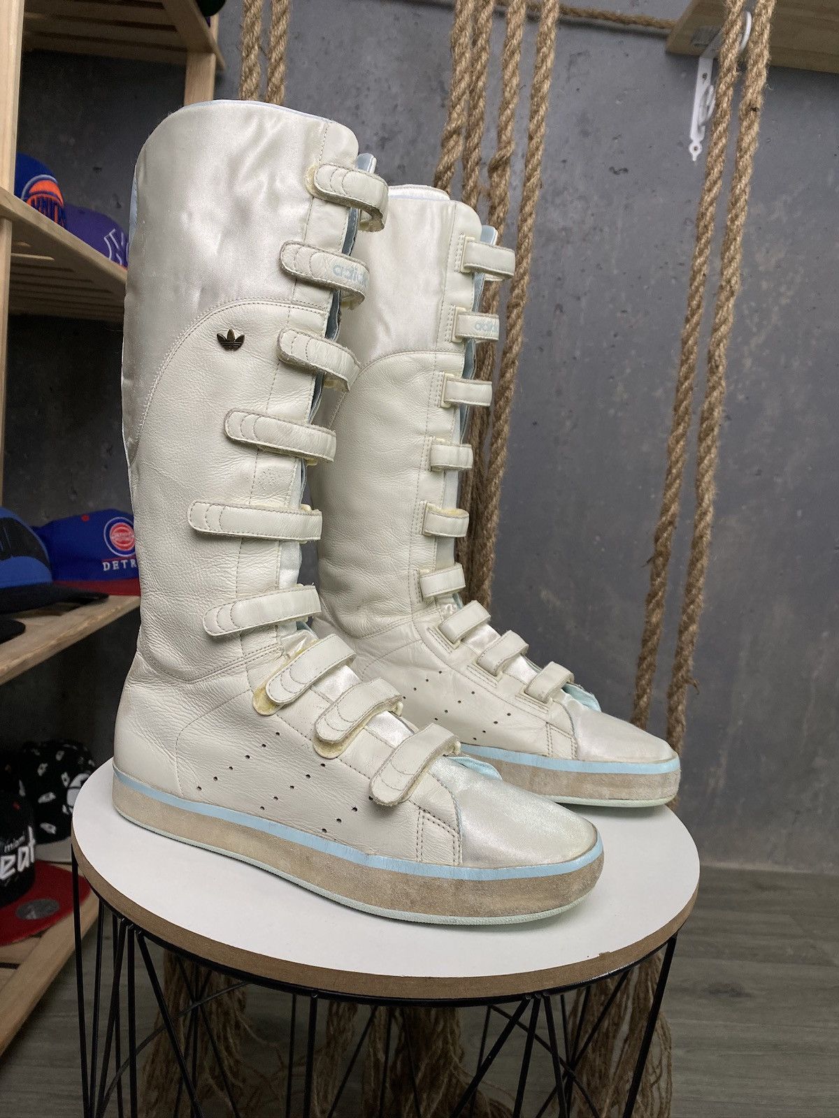 image of Adidas Vintage High Boots Boxing Moto Biker Shoes Y2K in Beige, Women's (Size 7)
