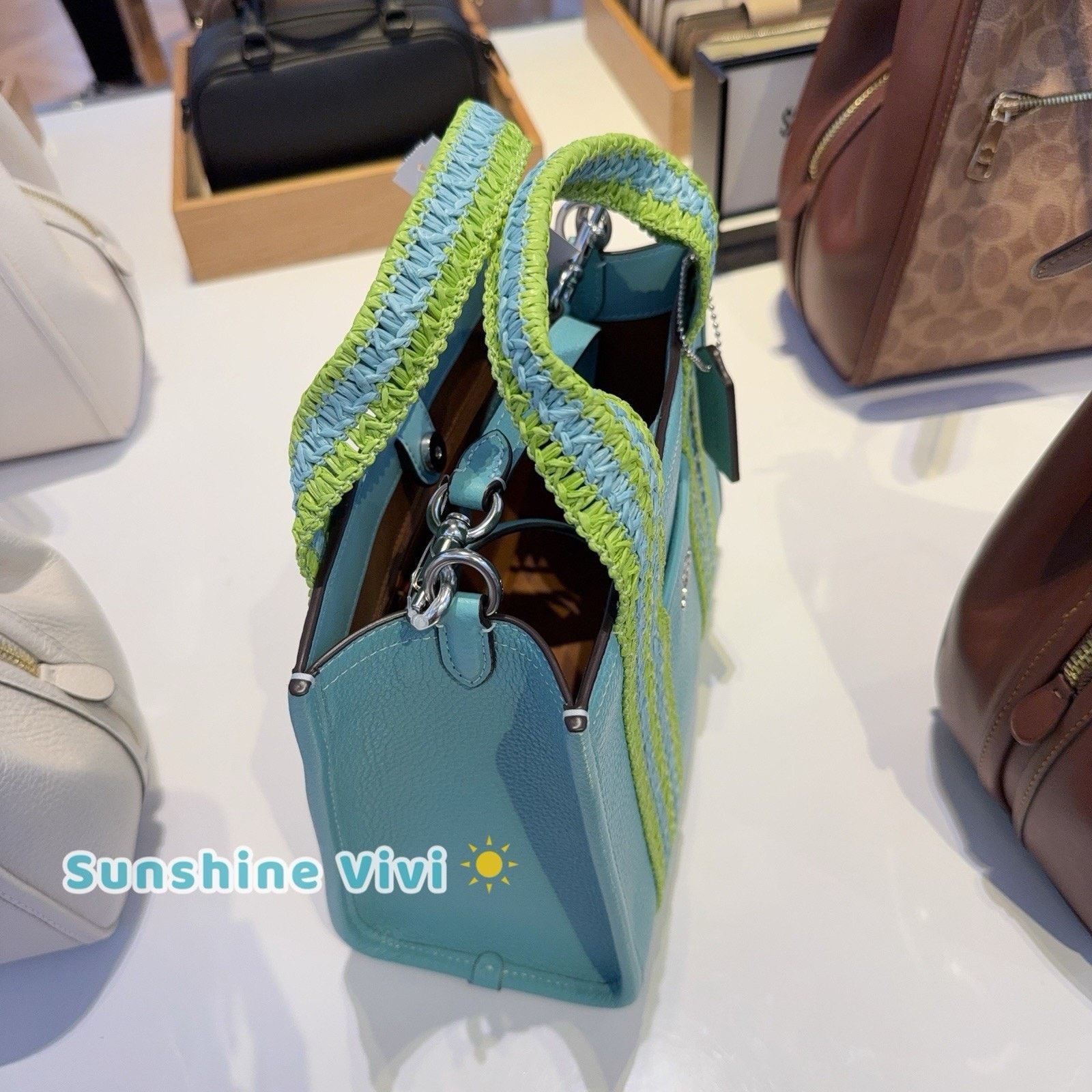 Coach NWT Coach Smith Tote Bag 24 CBG91 Straw Leather Turquoise Size ONE SIZE - 5 Thumbnail