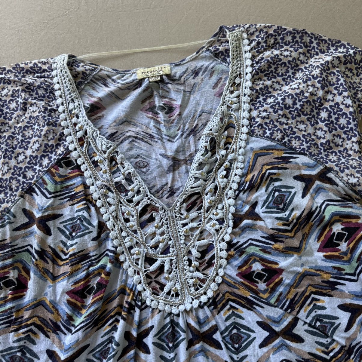 Other Y2K Early 2000s One World Aztec Print Crochet Chest Top Size XL / US 12-14 / IT 48-50 - 3 Thumbnail