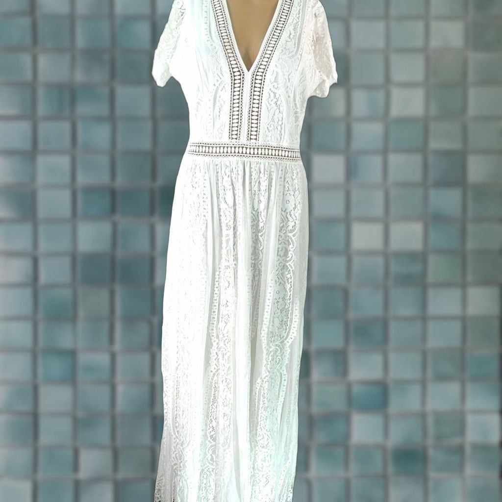 WOMENS Maxi Dress Floral Lace White V-Neck Short Sleeve Size M Medium Party Wedding Dress