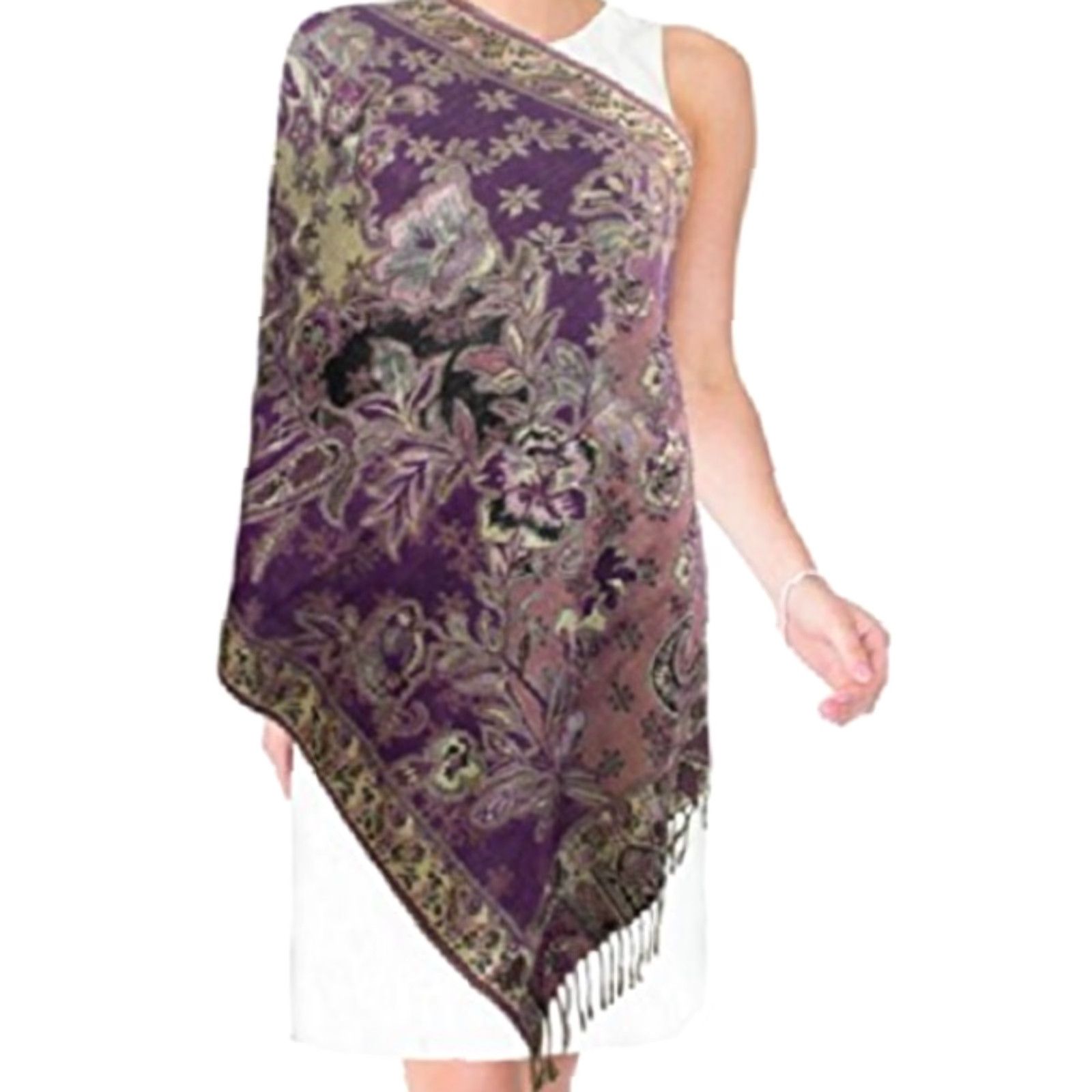 Vintage Rayon Metallic Paisley Flower Garden Two-Sided Reversible Scarf Purple Size ONE SIZE - 3 Thumbnail