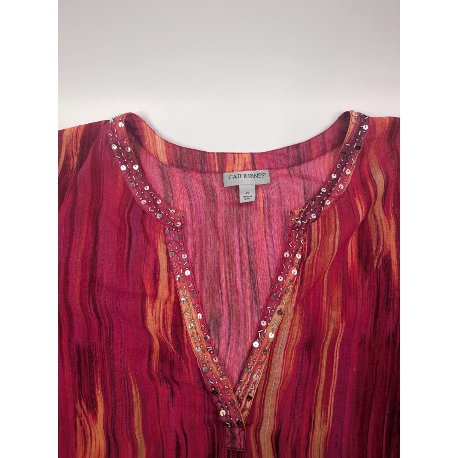 Vintage Catherines Pink Burst Ikat Texture Beaded Sequin Tunic Top 4X Pink Red Chiffon Long Sleeve V-Neck Pullover Blouse Plus Size Women Mens? Size XXL / US 16-18 / IT 52-54 - 6 Thumbnail