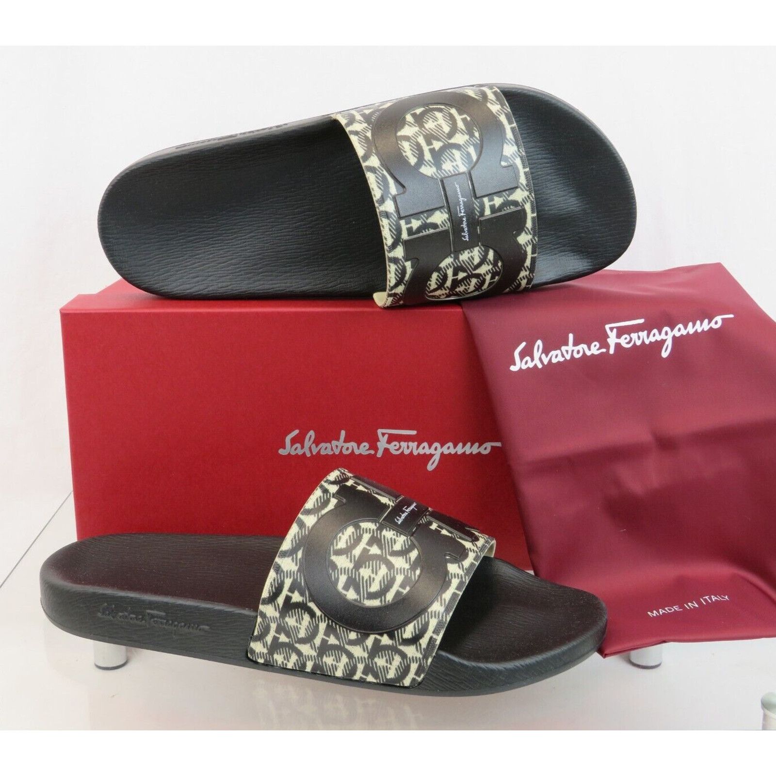 image of Salvatore Ferragamo Groove 6 Beige Black Rubber Gancini Logo Sandals Slides 12 M, Men's