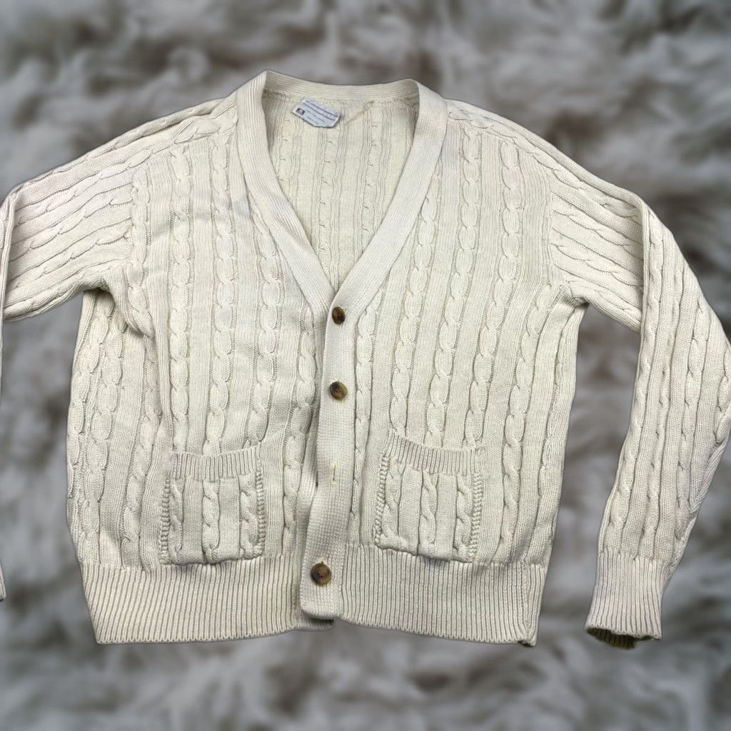 Vintage VINTAGE Lord Jeff Cardigan Sweater Mens 100% Cotton Cable-Knit Ivory Medium USA Beige Solid Size US M / EU 48-50 / 2 - 1 Thumbnail