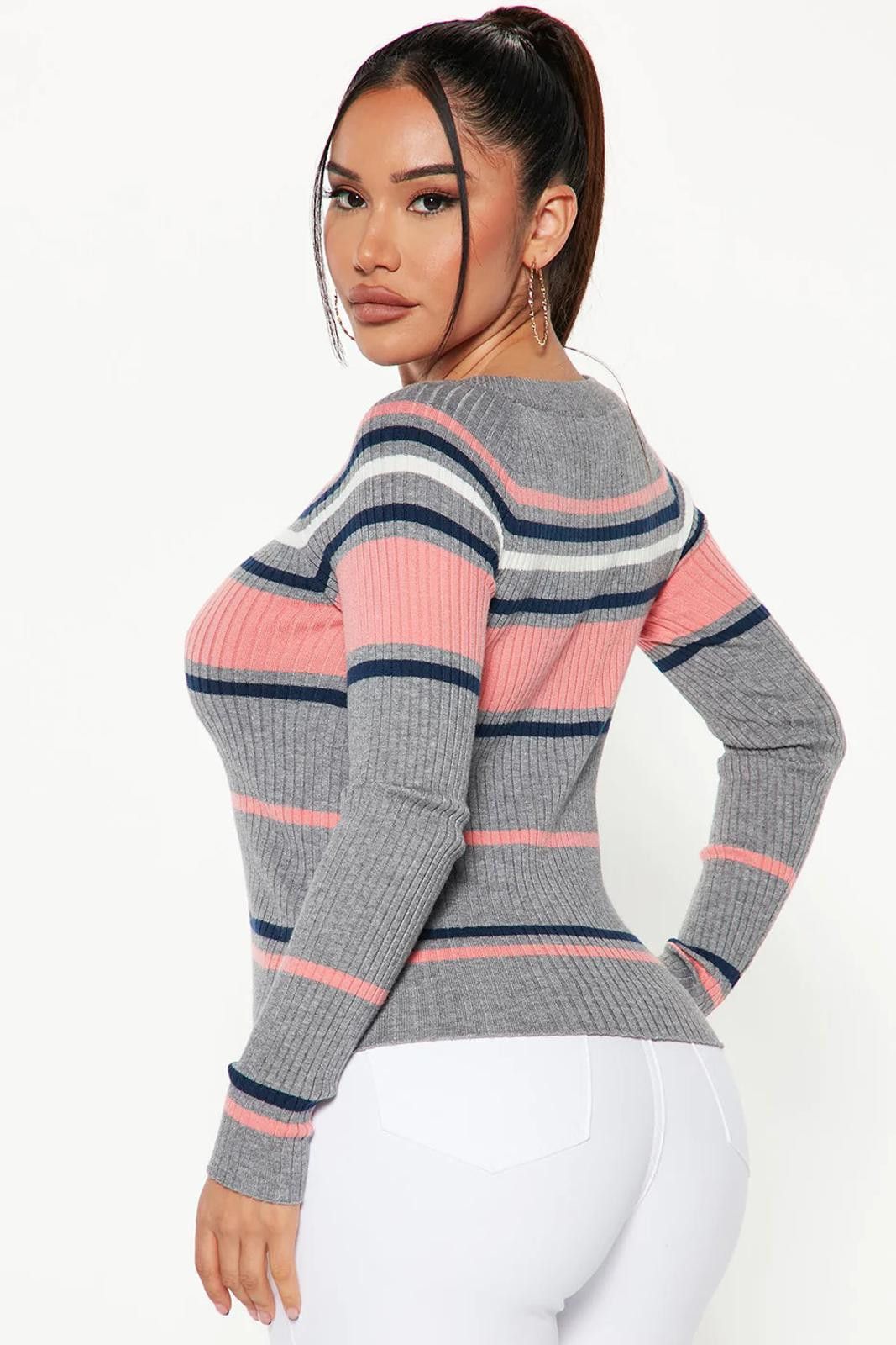 Fashion Nova Stripes For Days Sweater - Heather Grey Size M / US 6-8 / IT 42-44 - 2 Thumbnail
