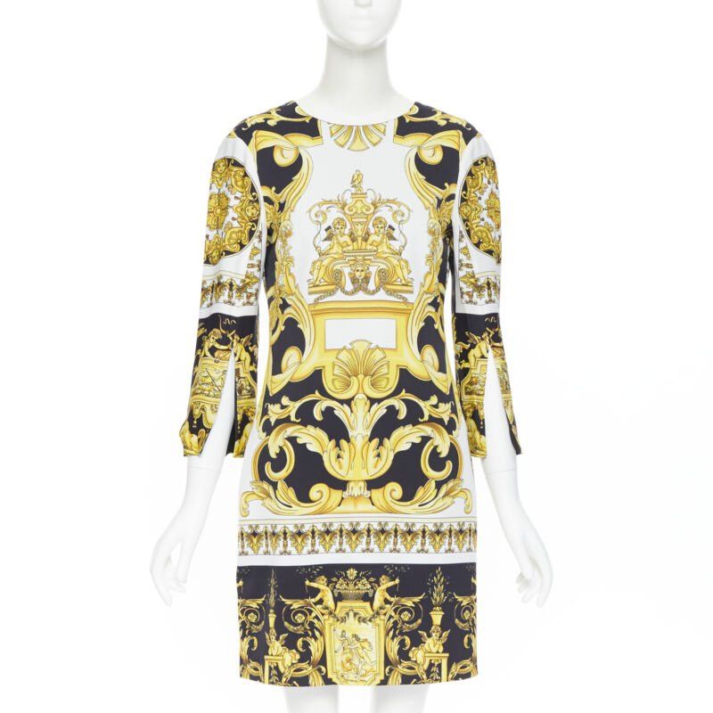 image of New Versace Signature Baroque Cherub Medusa Printed Viscose Shift Dress It38 Xs in Gold, Women's