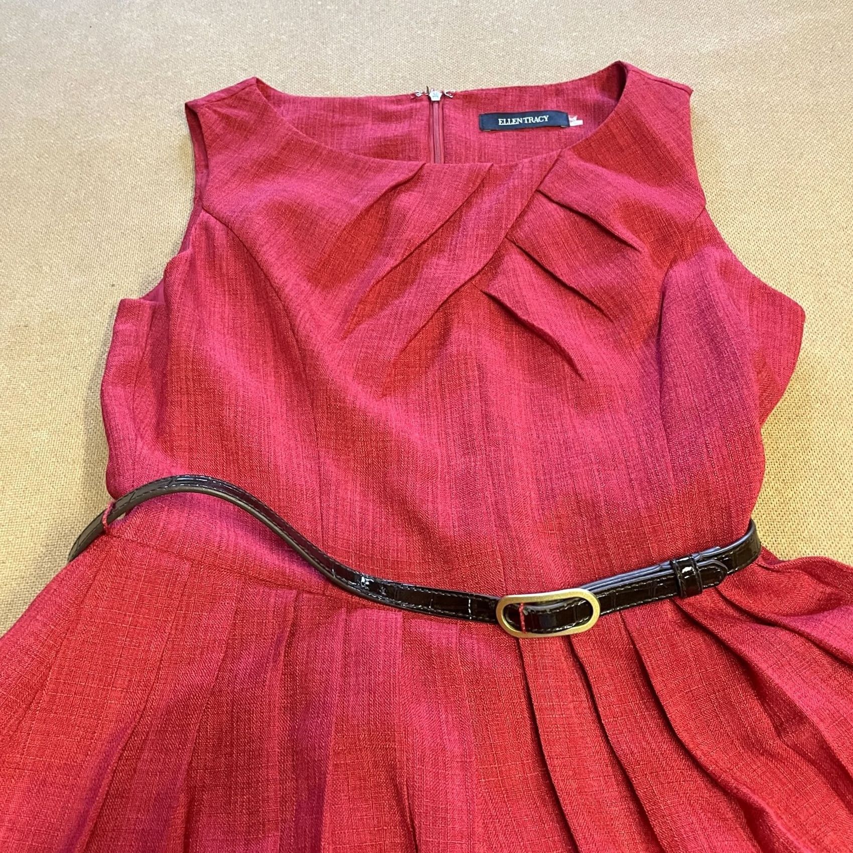Ellen Tracy Ellen Tracy Dress Womens Medium Red Fit Flare Sleeveless Pleated Belted Classic Size M / US 6-8 / IT 42-44 - 2 Thumbnail