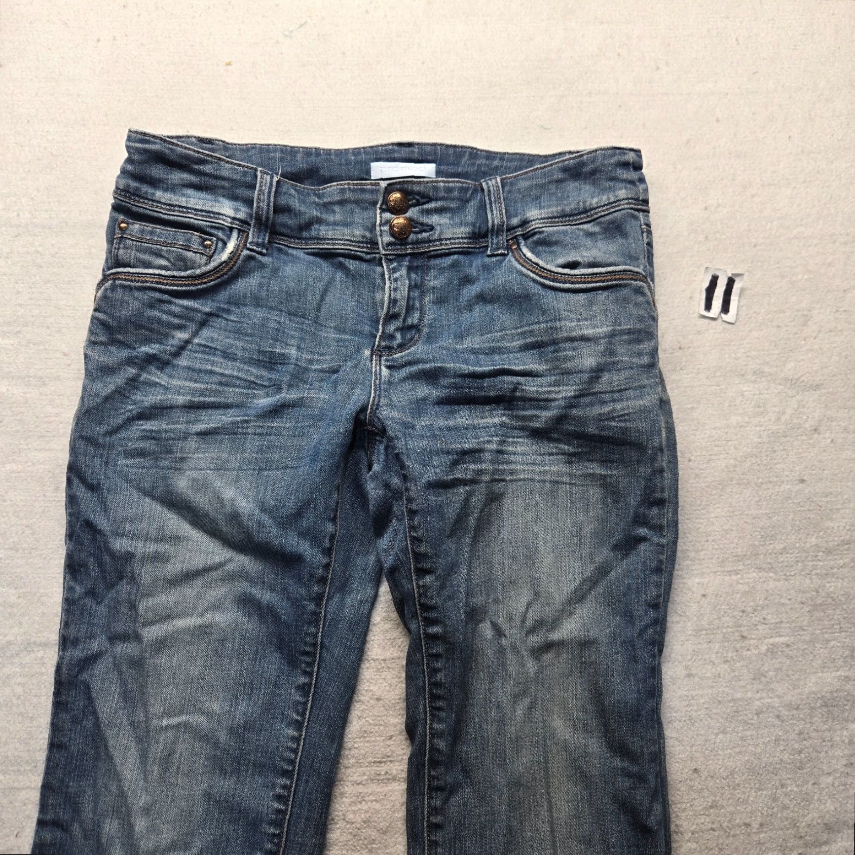Denime Promod Jeans Women's Low-Rise Stretch Distressed Blue Denim Size 12 Regular 5-Pocket Straight Fit Size 34" / US 12 / IT 48 - 2 Thumbnail