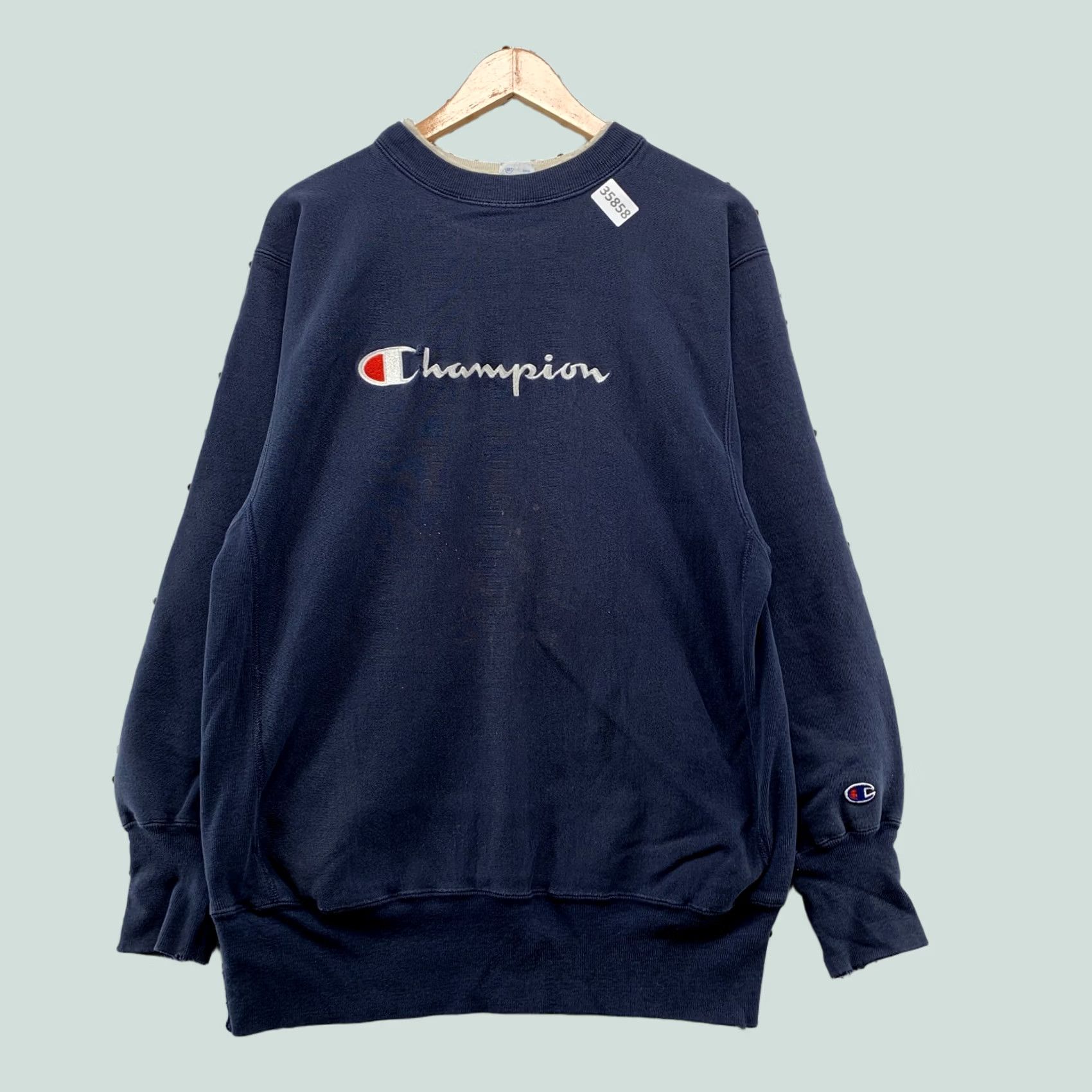 Champion VINTAGE Champion Sweatshirt Mens XL Blue Reverse Weave 90s SpellOut Distressed Size US XL / EU 56 / 4 - 1 Thumbnail