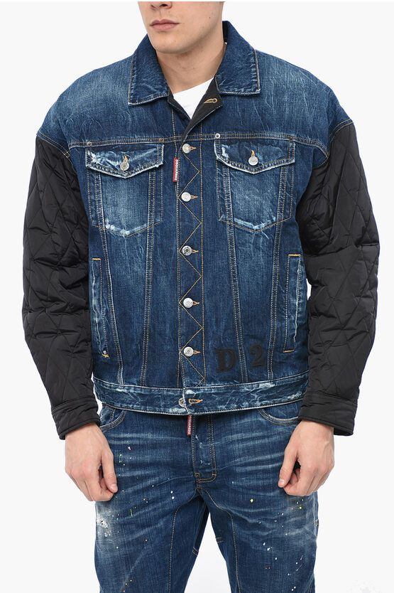 image of Dsquared2 Denim Jacket With Quilted Sleeves in Blue, Men's (Size Large)