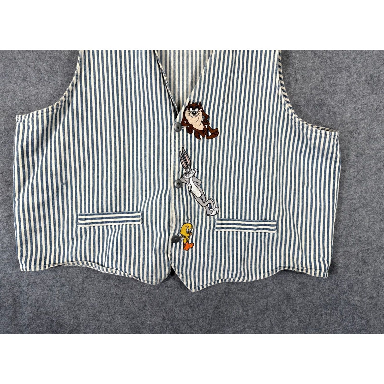 Vintage VINTAGE Warner Bros. Denim Vest Womens 2XL Blue White Striped Taz & Tweety 1996 Size XXL / US 16-18 / IT 52-54 - 4 Thumbnail