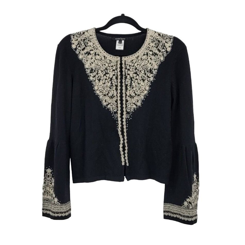 Nanette Lepore Vtg Merino Wool Sweater Cardigan M Black Embroidered Bell Sl Size M / US 6-8 / IT 42-44 - 11 Thumbnail