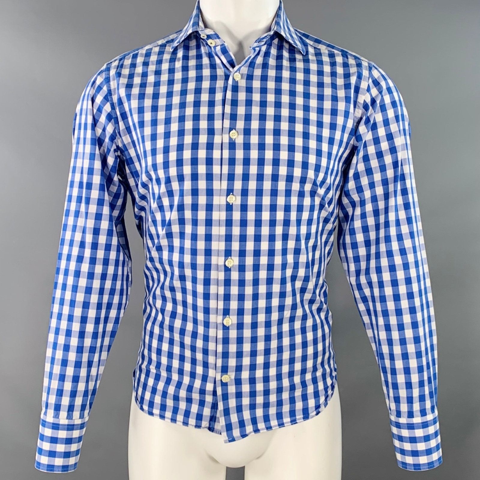 Eredipisano Blue White Checkered Cotton Spread Collar Long Sleeve Shirt Size US S / EU 44-46 / 1 - 1 Thumbnail