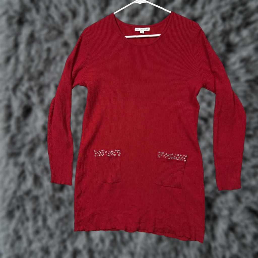 Vintage Notations Sweater Red Womens XL Tunic Knit Rhinestone Holiday Normcore Layering Size XL / US 12-14 / IT 48-50 - 1 Thumbnail