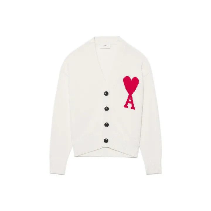 AMIPARIS SS22 White Heart Logo V-Neck Cardigan 0079