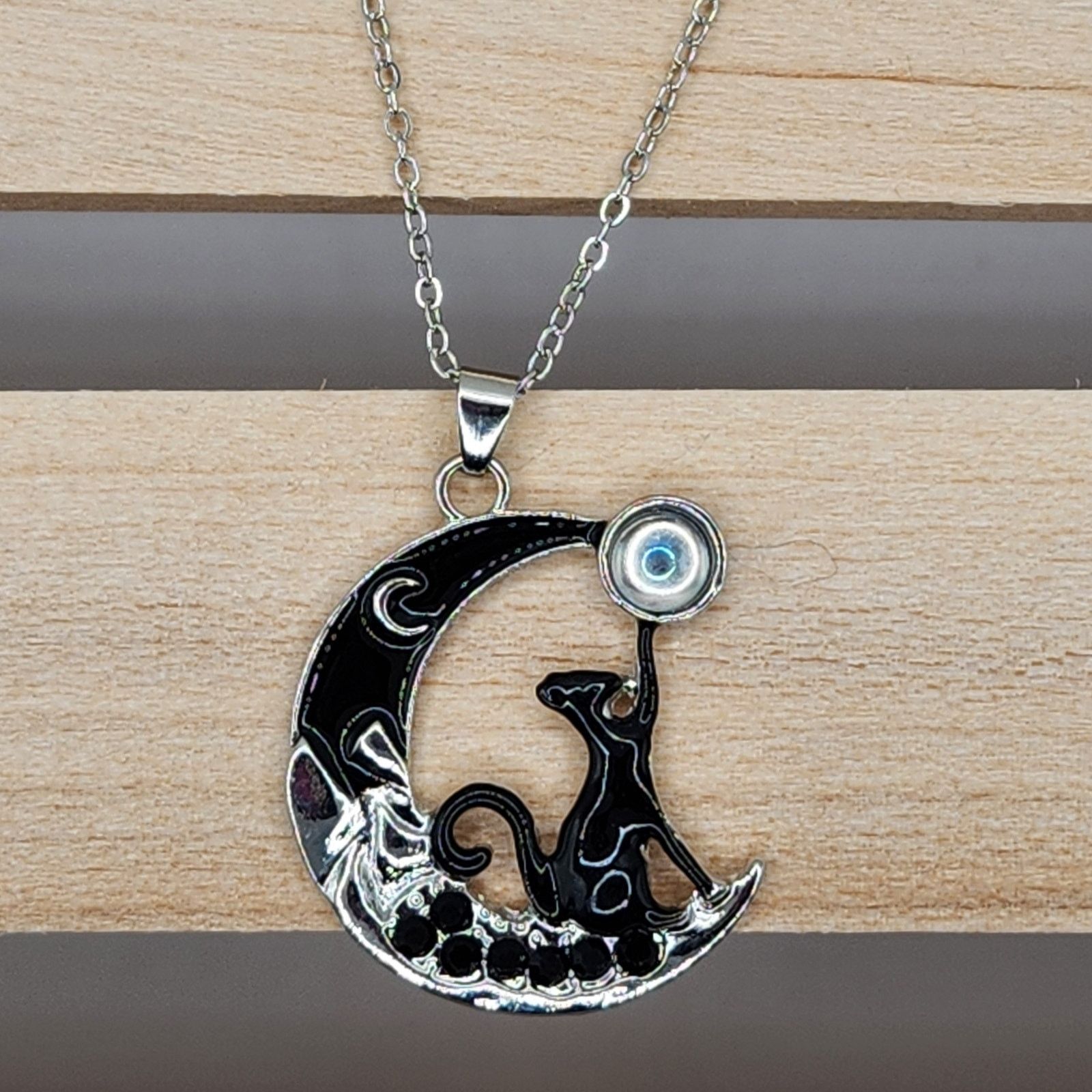 Other Black Cat on Crescent Moon Necklace with Moonstone Accent Size ONE SIZE - 4 Thumbnail