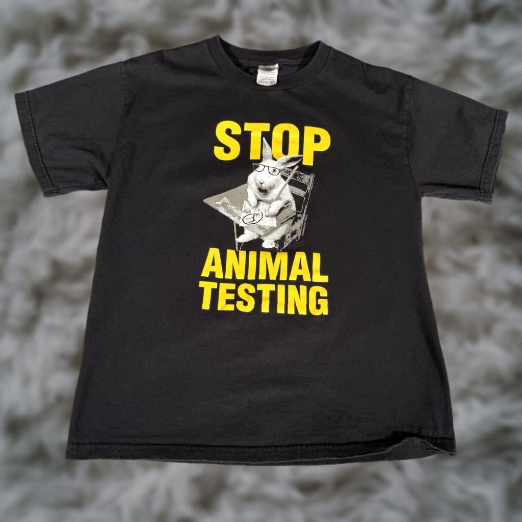 Vintage VINTAGE Stop Animal Testing T Shirt Mens M Slim Cropped Fit Parody Funny Y2K Black Cotton Graphic Print Short Sleeve Crew Neck Size US M / EU 48-50 / 2 - 1 Thumbnail
