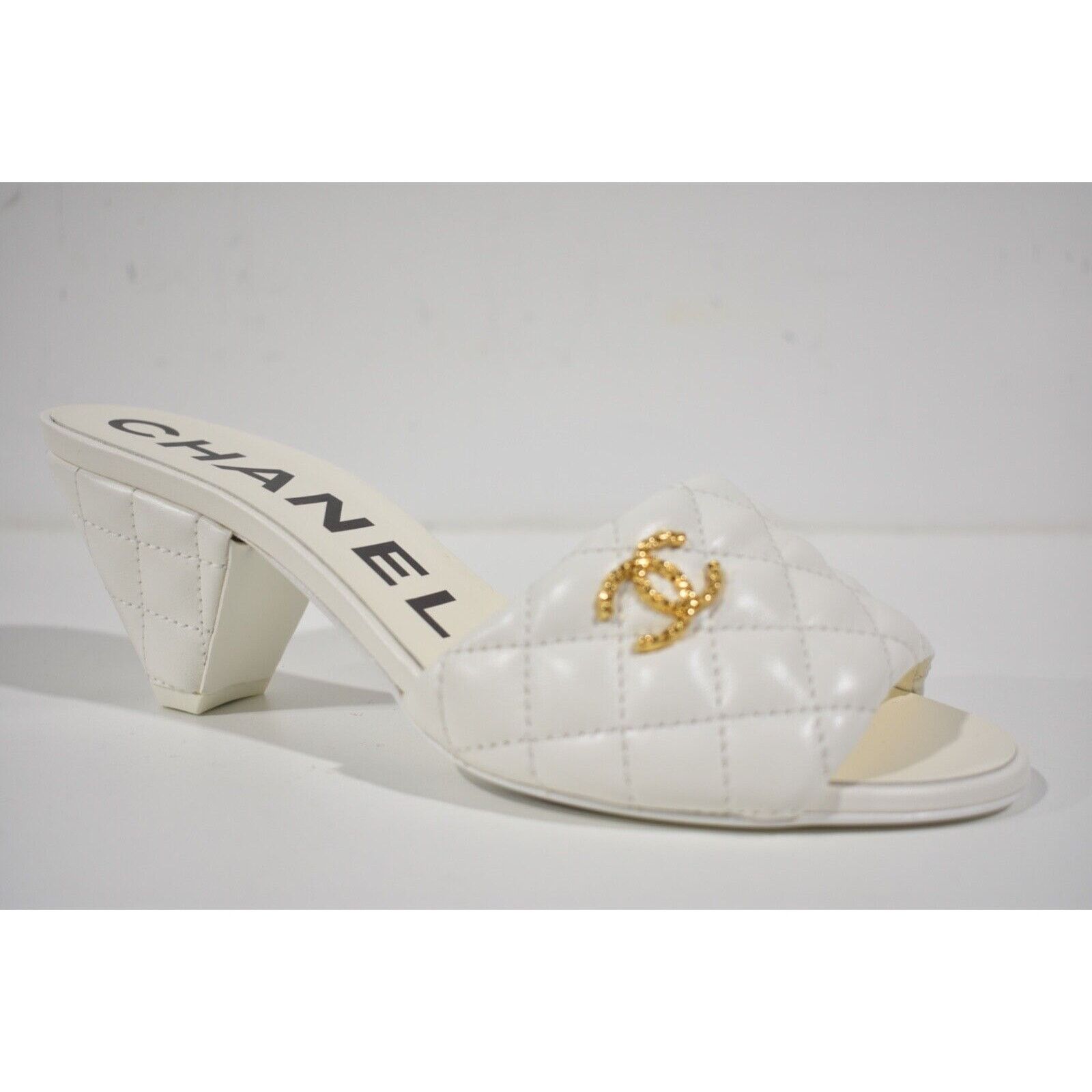 Chanel REV Quilted CC Logo Cone Heel Mule Slide Sandal 37.5 Size US 7.5 / IT 37.5 - 5 Thumbnail