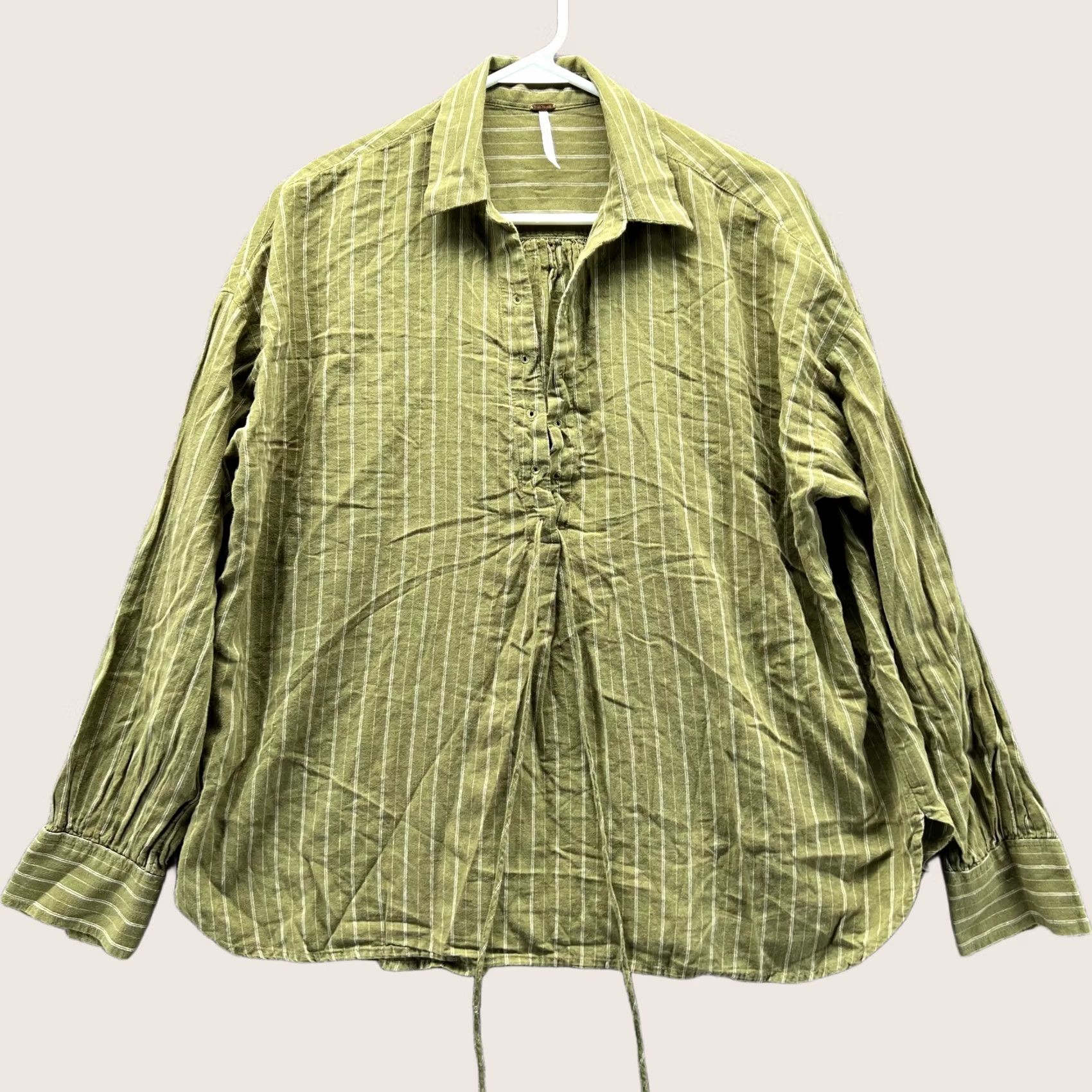Free People VINTAGE Free People Shirt Women Small Green Striped Linen Blend Drawstring Top Soft Size S / US 4 / IT 40 - 1 Thumbnail