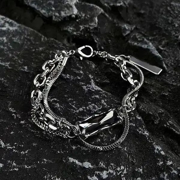 VIBE Titanium Steel Layered Black Crystal Charm Bracelet for Men Size ONE SIZE - 4 Thumbnail
