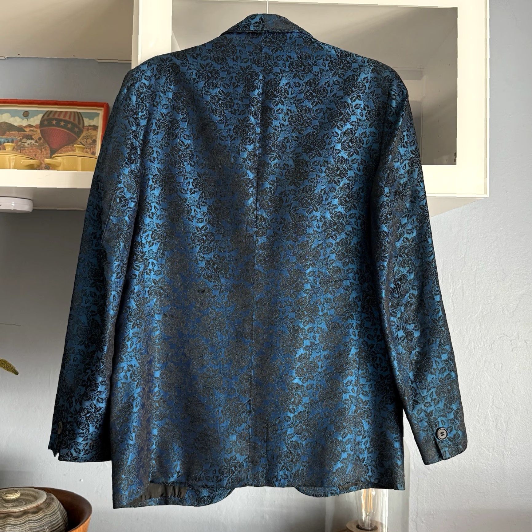 Vintage VINTAGE 60’s Blue Black Floral Jacquard Tuxedo Blazer Jacket 40” Chest Size 40R - 2 Thumbnail
