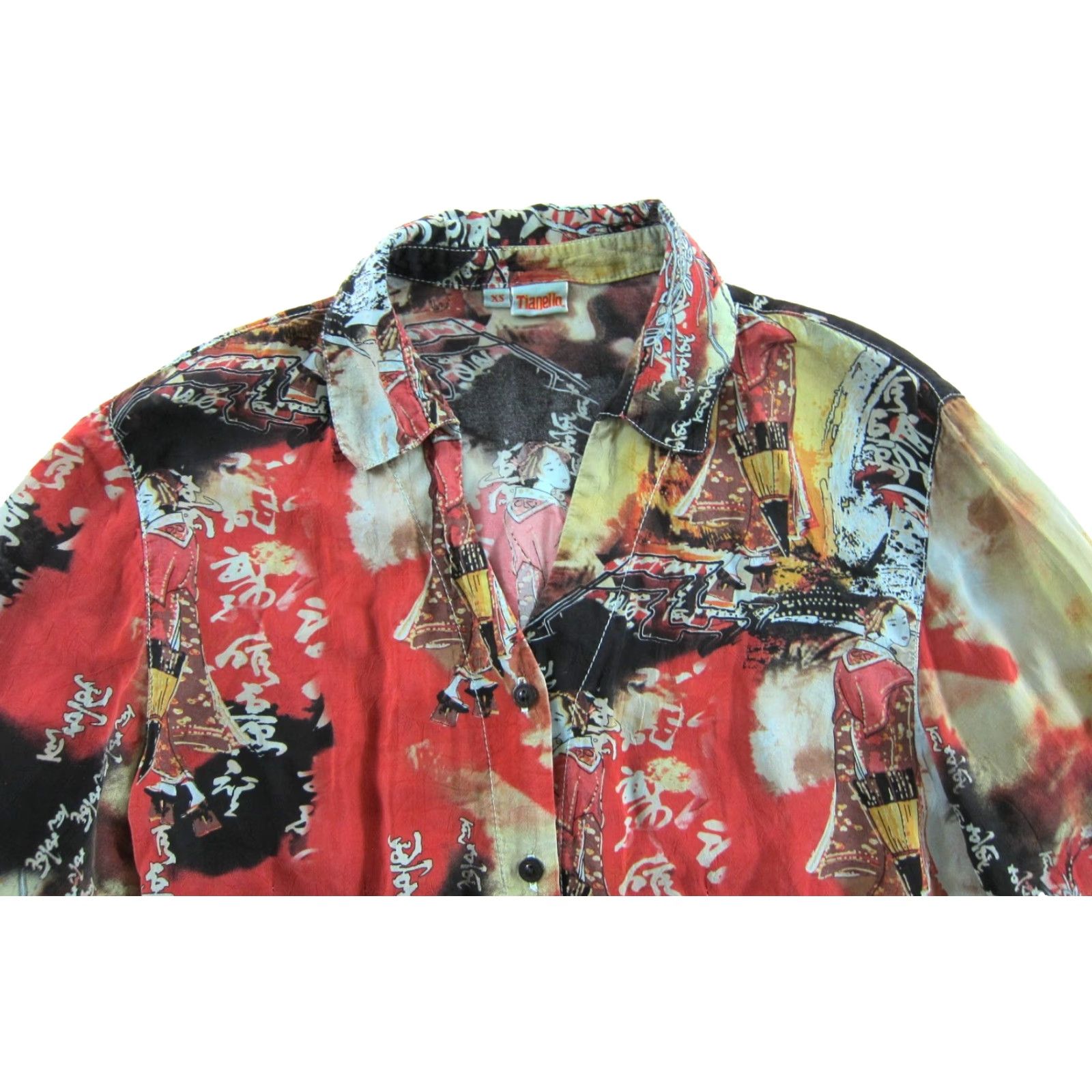 Vintage Tianello Rayon Red Blue Green Asian Button Down Collared 3/4 Sleeve Blouse XS Size XS / US 0-2 / IT 36-38 - 5 Thumbnail