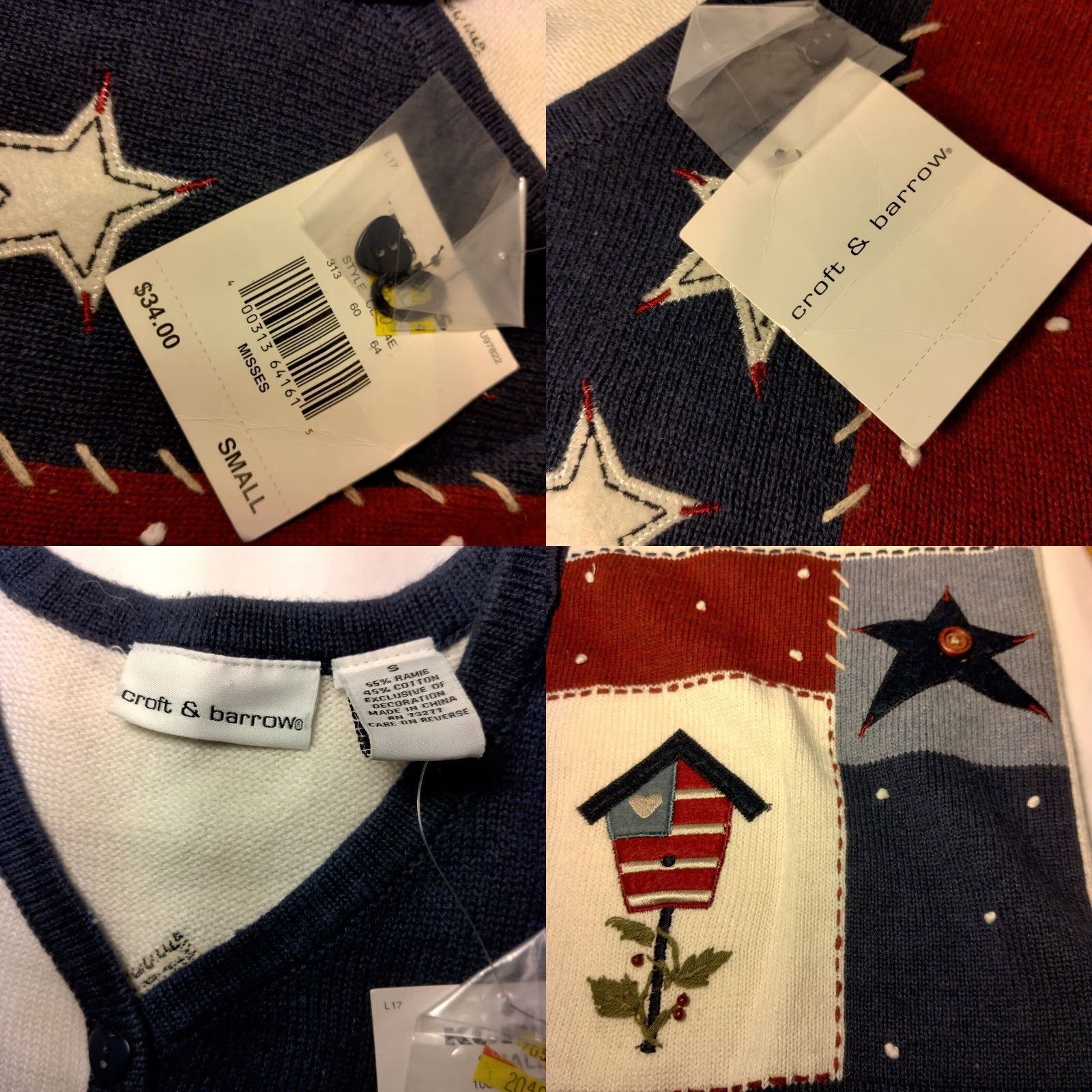 Croft & Barrow Croft & Barrow Women Cardigan USA Flag Patriotic Short Sleeve V-Neck Sweater Multicolor Patchwork Embroidered Heart Buttons Size S / US 4 / IT 40 - 8 Thumbnail