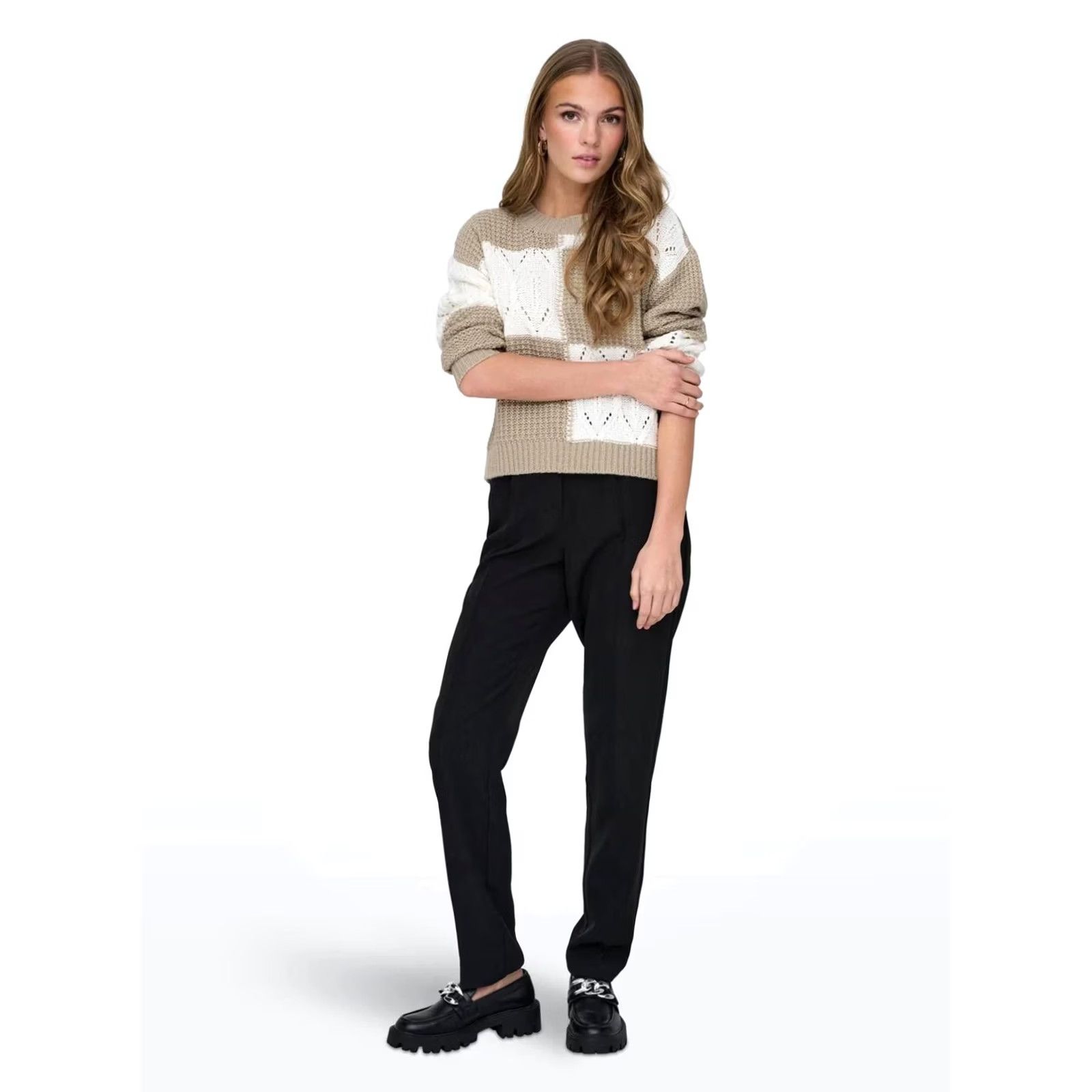 Vintage JDY Womens Jumper Beige White Large Cable Knit Crew Neck Pullover Patchwork Cosy Vintage No Woman Size L / US 10 / IT 46 - 5 Thumbnail