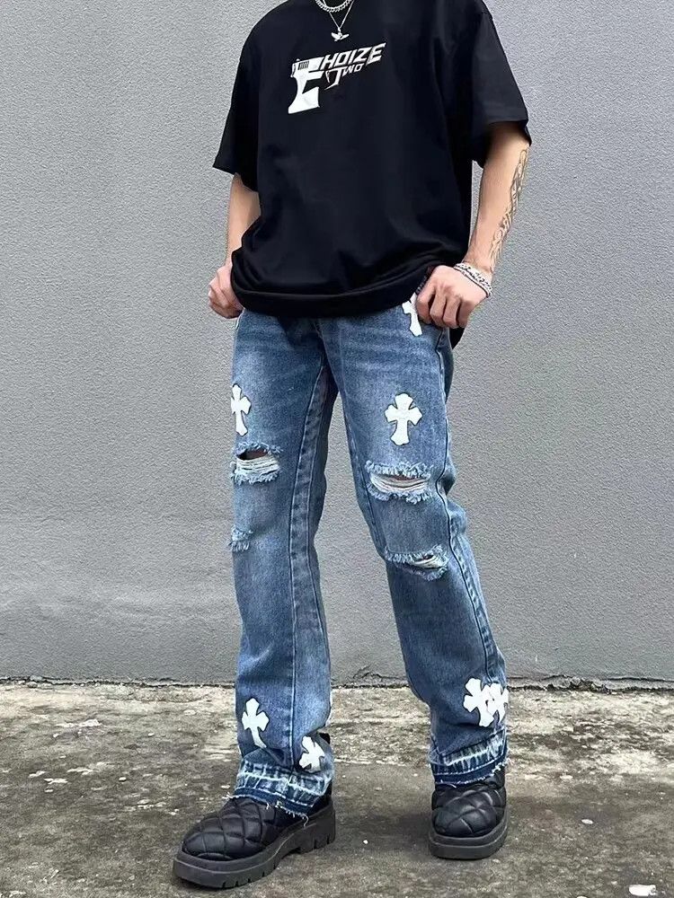 image of High Street Cross-Embroidery Ripped Micro-Flare Jeans in Blue, Men's (Size 32)