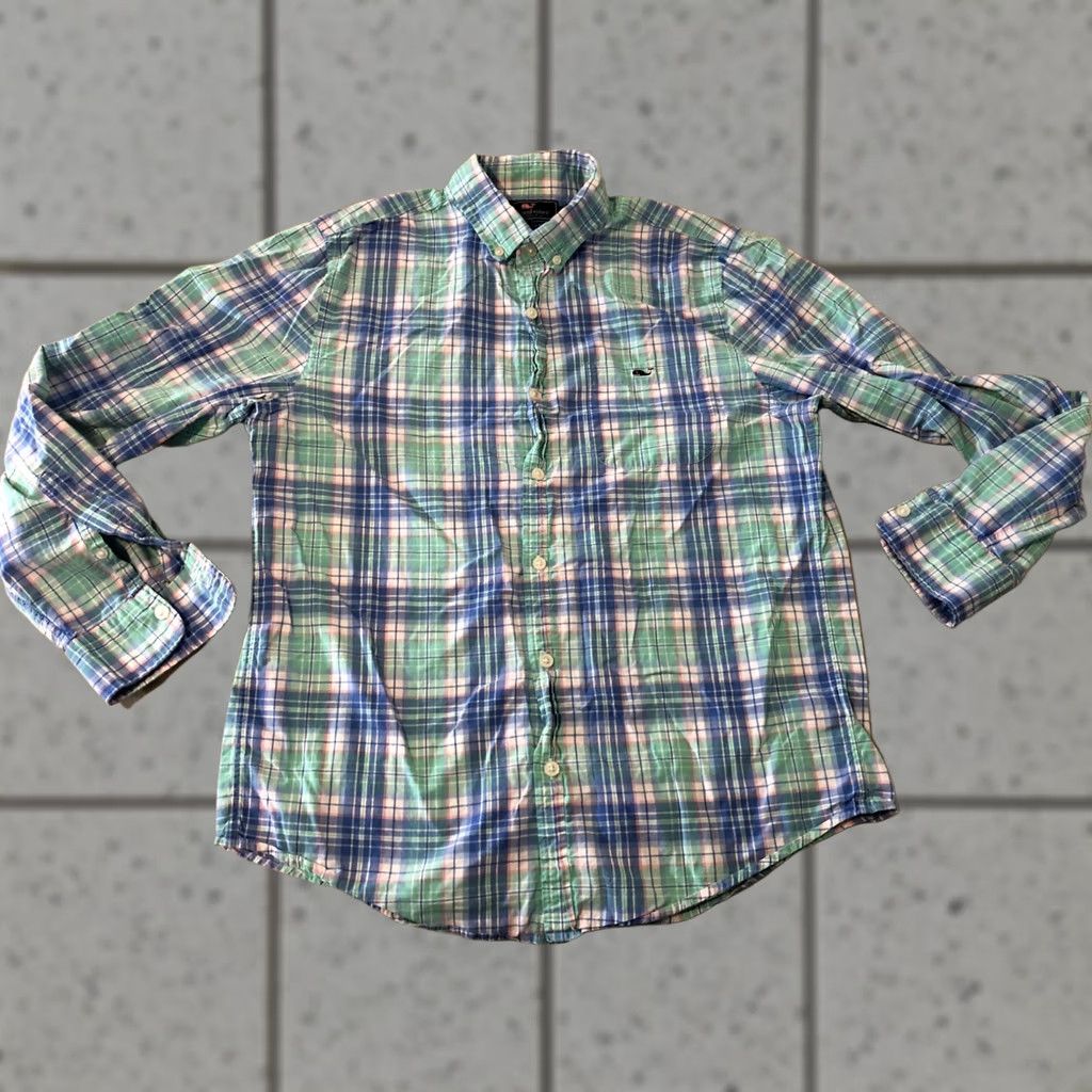 Vineyard Vines Vineyard Vines Mens Plaid Button-Up Shirt Medium Slim Green Cotton Dress Size 40R - 1 Thumbnail
