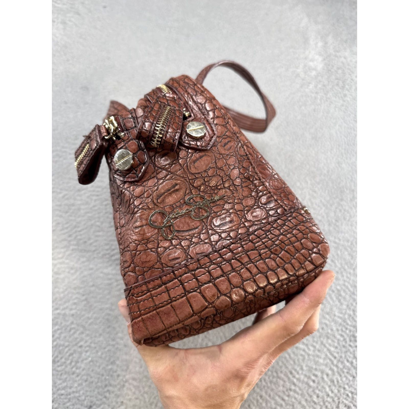Jessica Simpson Jessica Simpson Faux Leather Croc Brown Shoulder Bag Zip Tote Bag Large Brown Faux Leather Women Size ONE SIZE - 4 Thumbnail
