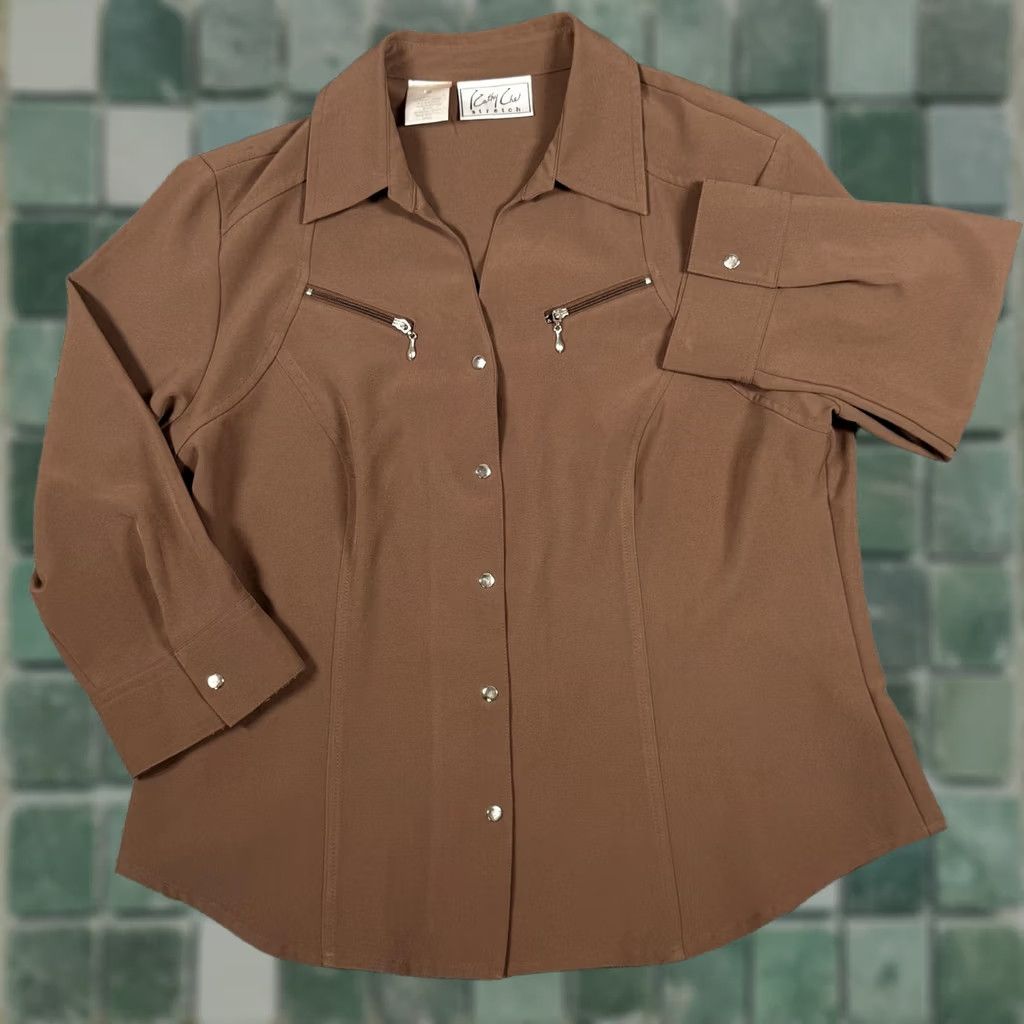 Vintage Cathy Che Stretch Shirt Womens Size 10 Brown 3/4 Sleeve Button Up Fitted Top Size L / US 10 / IT 46 - 1 Thumbnail
