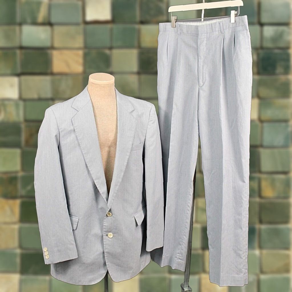 Haggar VINTAGE Haggar 70s Men's LT Blue Striped 2 PC Leisure Suit Sz L Polyester Disco Men’s Size 34R - 1 Thumbnail