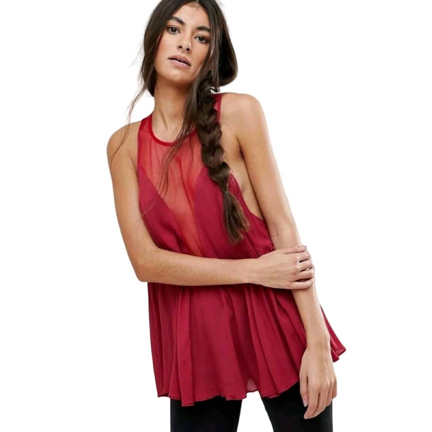 Free People Free People Rasberry Red Mesh Illusion Peplum Blouse Medium Size M / US 6-8 / IT 42-44 - 1 Thumbnail