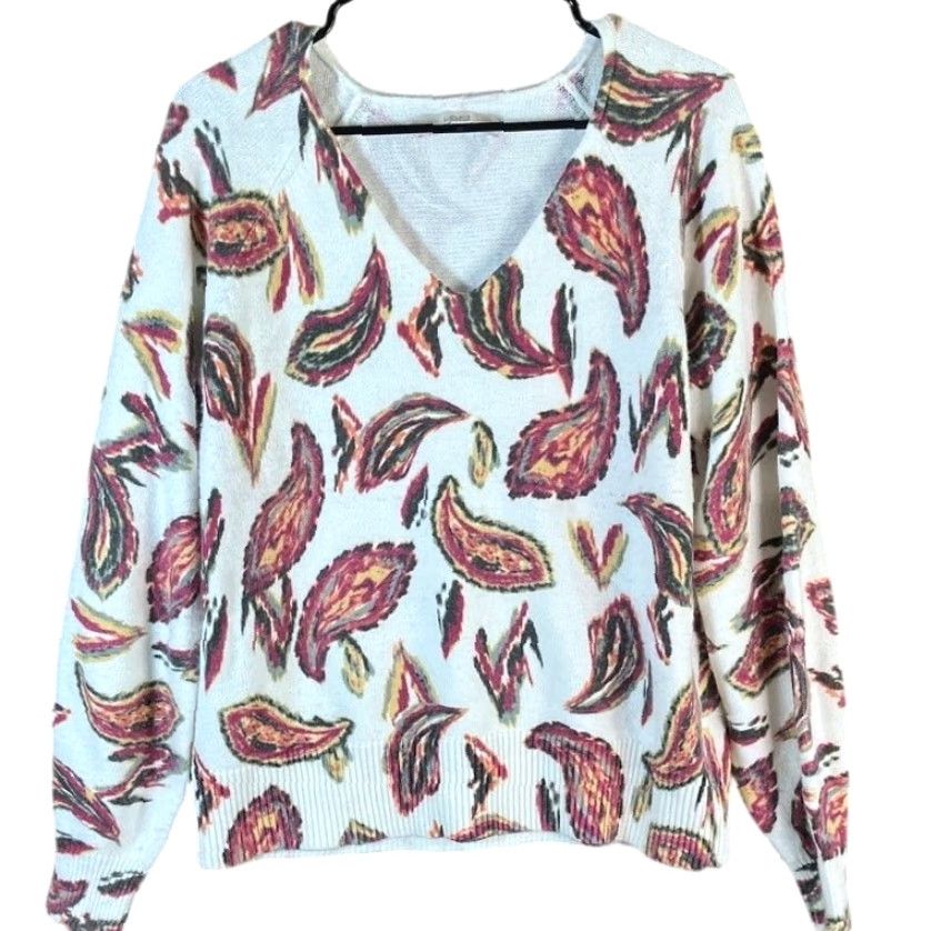 Loft LOFT Womens Sweater White Multi Paisley Raglan V Neck Long Sleeve Pullover Large Size L / US 10 / IT 46 - 2 Thumbnail