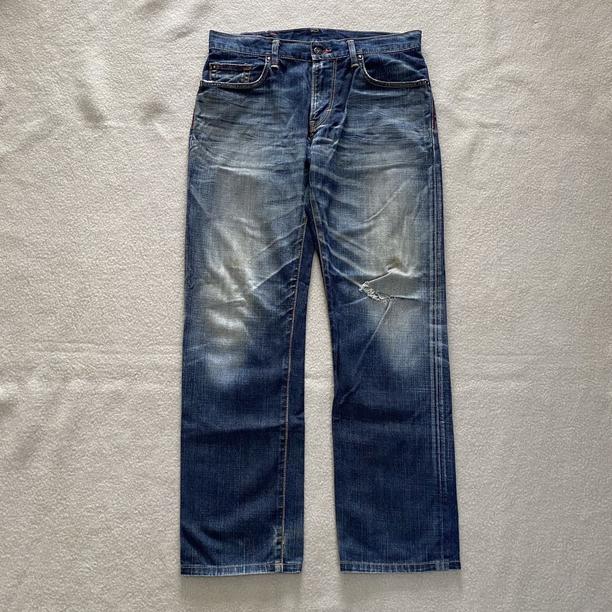 Japanese Brand Vintage Edwin Blue Trip Distressed Leather Pocket Jeans w34 Size US 34 / EU 50 - 2 Thumbnail