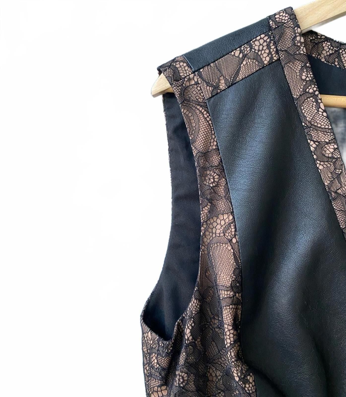 Bcbgmaxazria BCBG MaxAzria Black Leather Lace Panel V-Neck Mini Dress Size XL / US 12-14 / IT 48-50 - 4 Thumbnail