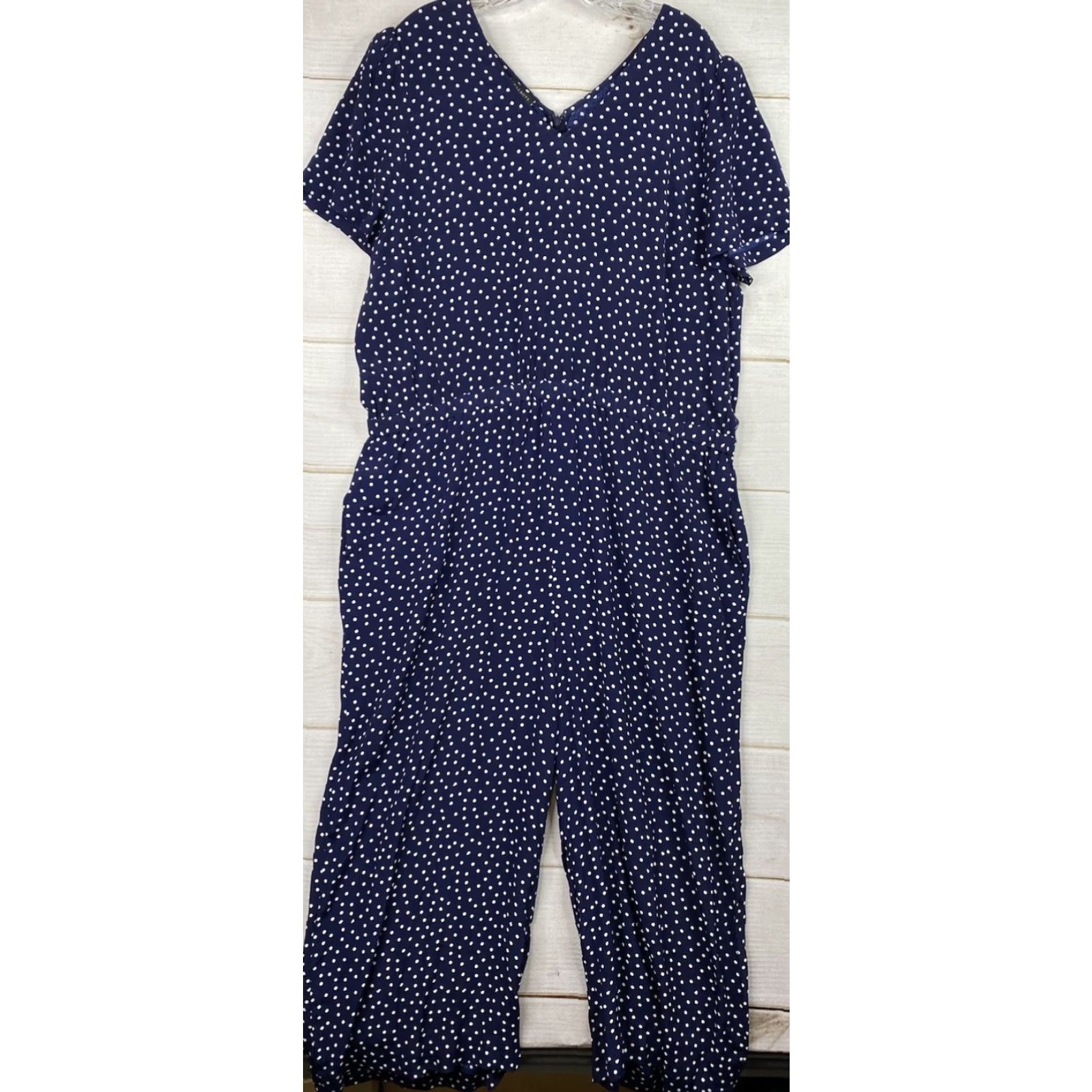 Talbots Talbots Jumpsuit Womens 18 Blue White Polka Dot Rayon V Neck Lightweight Pockets Size 40" / US 18 - 2 Thumbnail