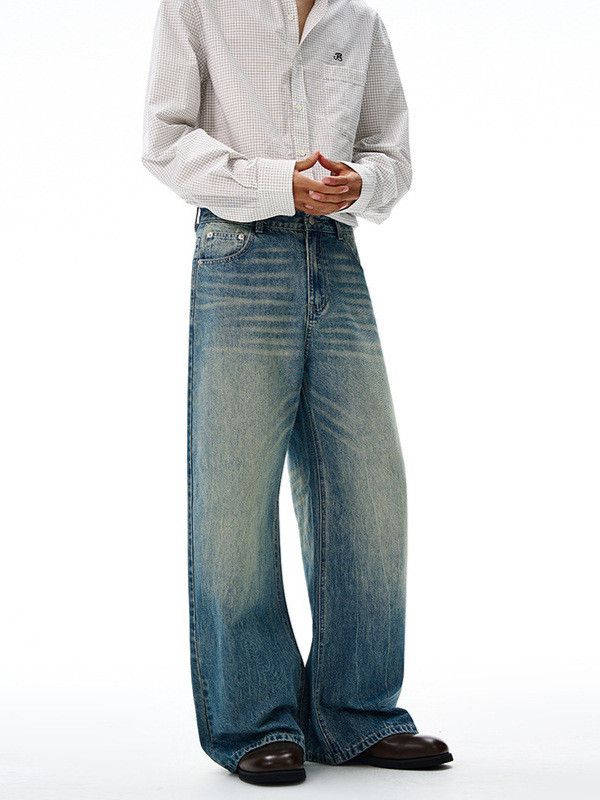 Japanese Brand Washed & Distressed Versatile Wide-Leg Straight-Fit Jeans Size US 32 / EU 48 - 4 Thumbnail