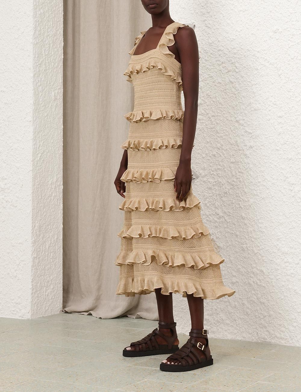 Zimmermann oc11z0825 Illuminate Lace Frill Midi Dress in Beige Size L / US 10 / IT 46 - 8 Thumbnail