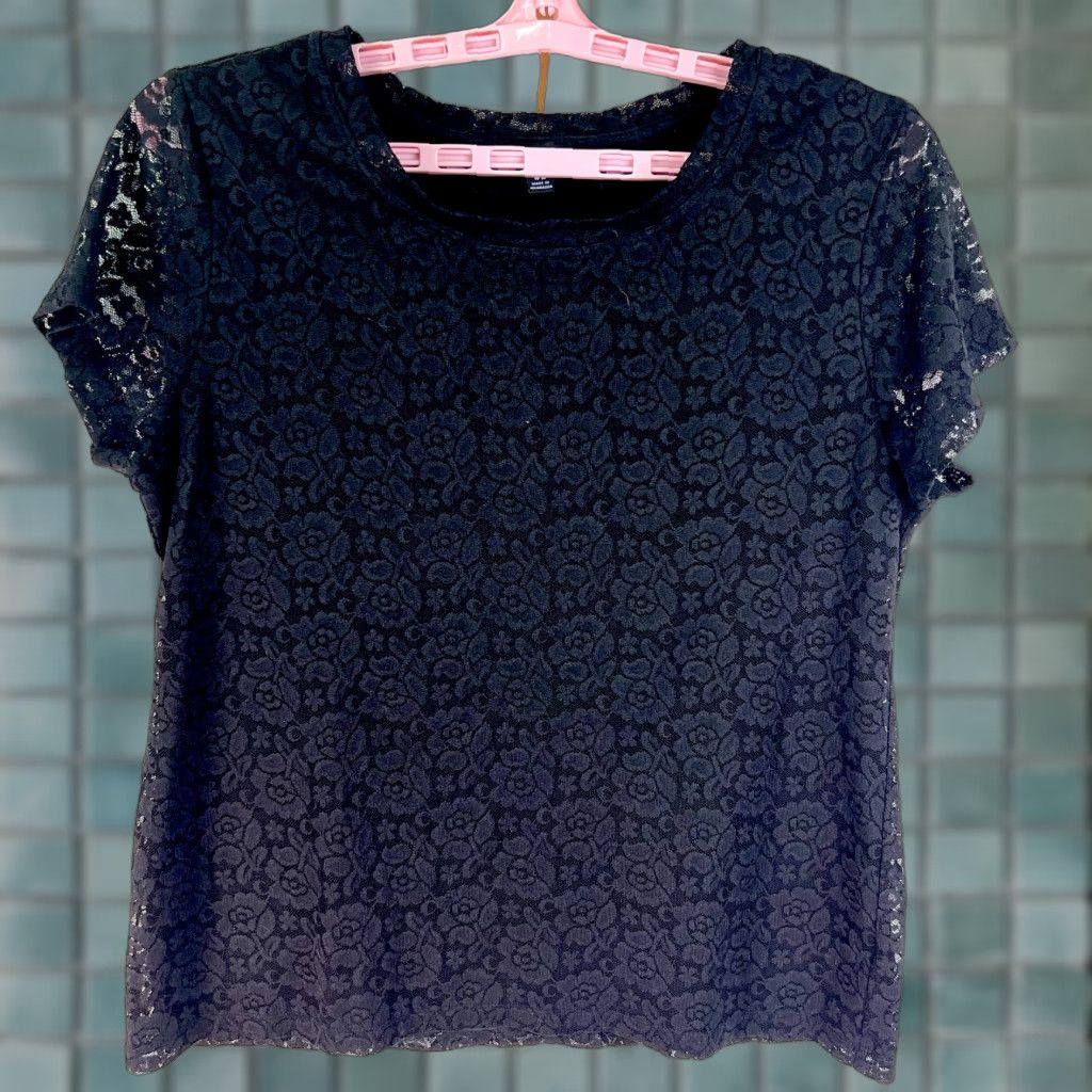 George George Lace Crochet Lined Top Women's XL Black Short Sleeve Blouse Shoes? Size XL / US 12-14 / IT 48-50 - 1 Thumbnail