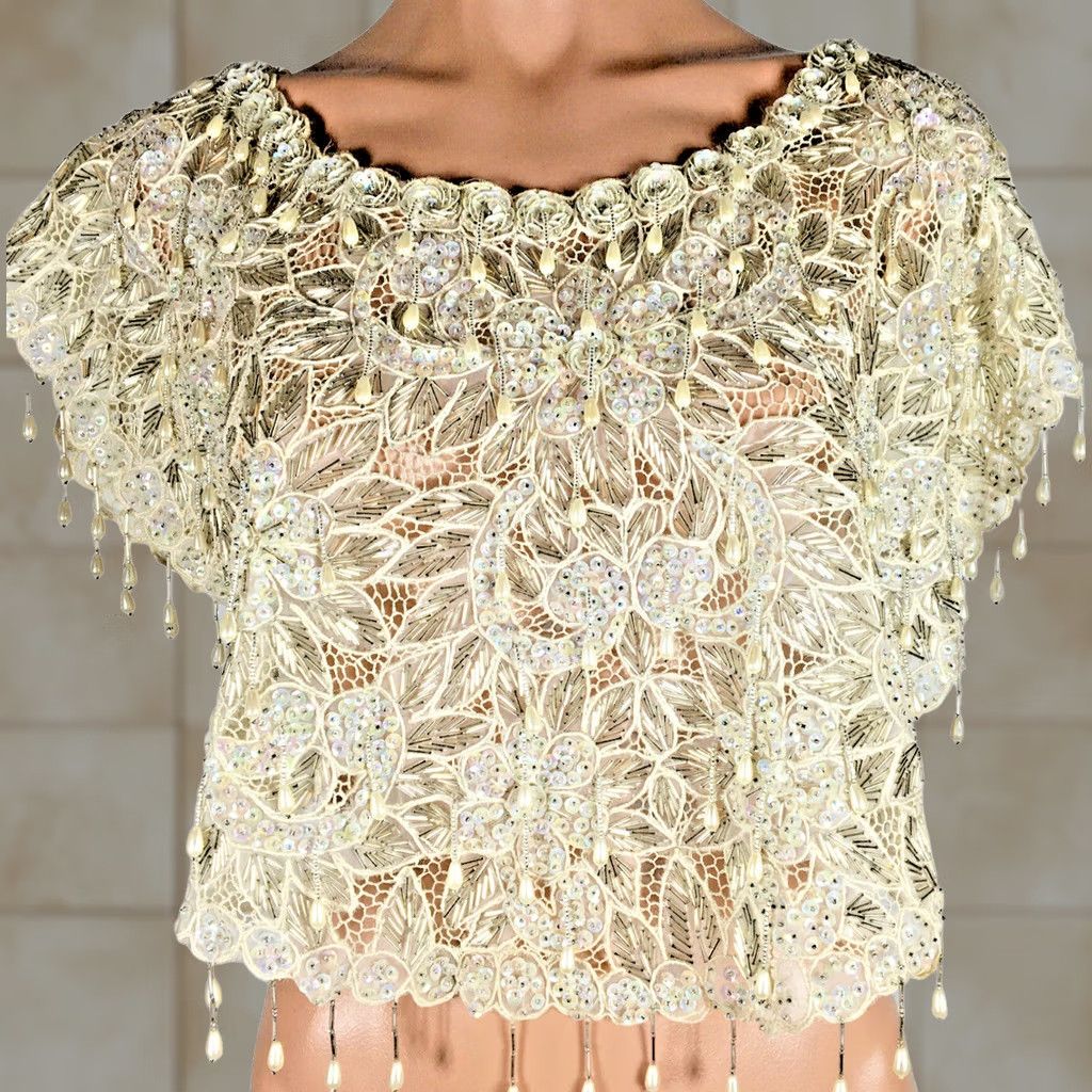 Vintage VINTAGE Shawl Bridal Sequin Glass Pearl Fringe Beaded Wedding Ivory Women Size ONE SIZE - 1 Thumbnail