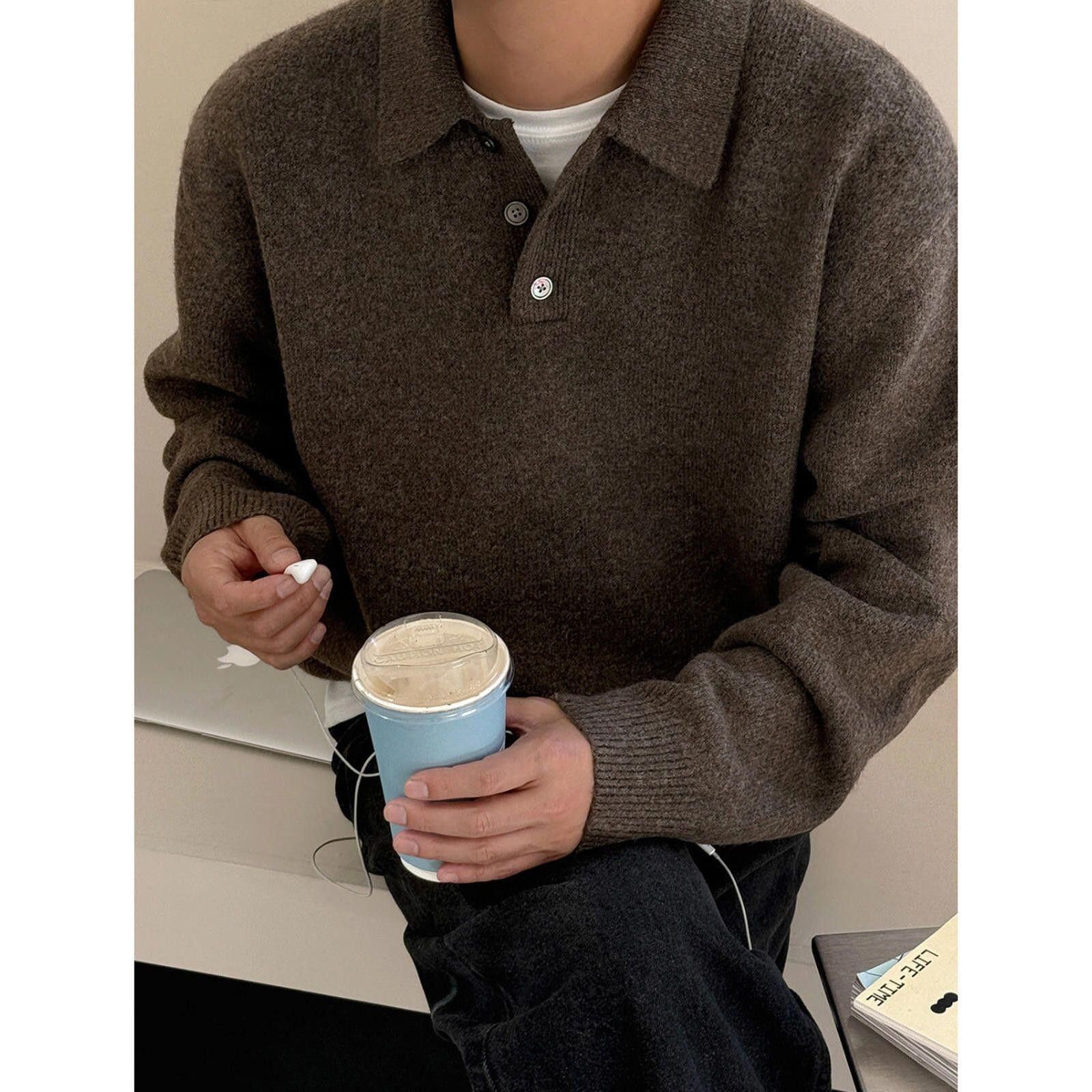 Vintage Brown Knit Henley Sweater, Classic Fit Pullover Size US M / EU 48-50 / 2 - 1 Thumbnail