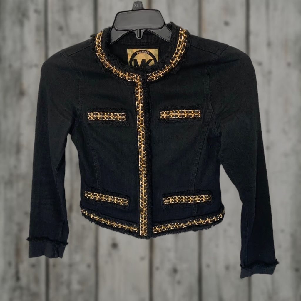 Michael Kors Jacket Womens 0 Black Denim Gold Chain Fringe Short Blazer Designer