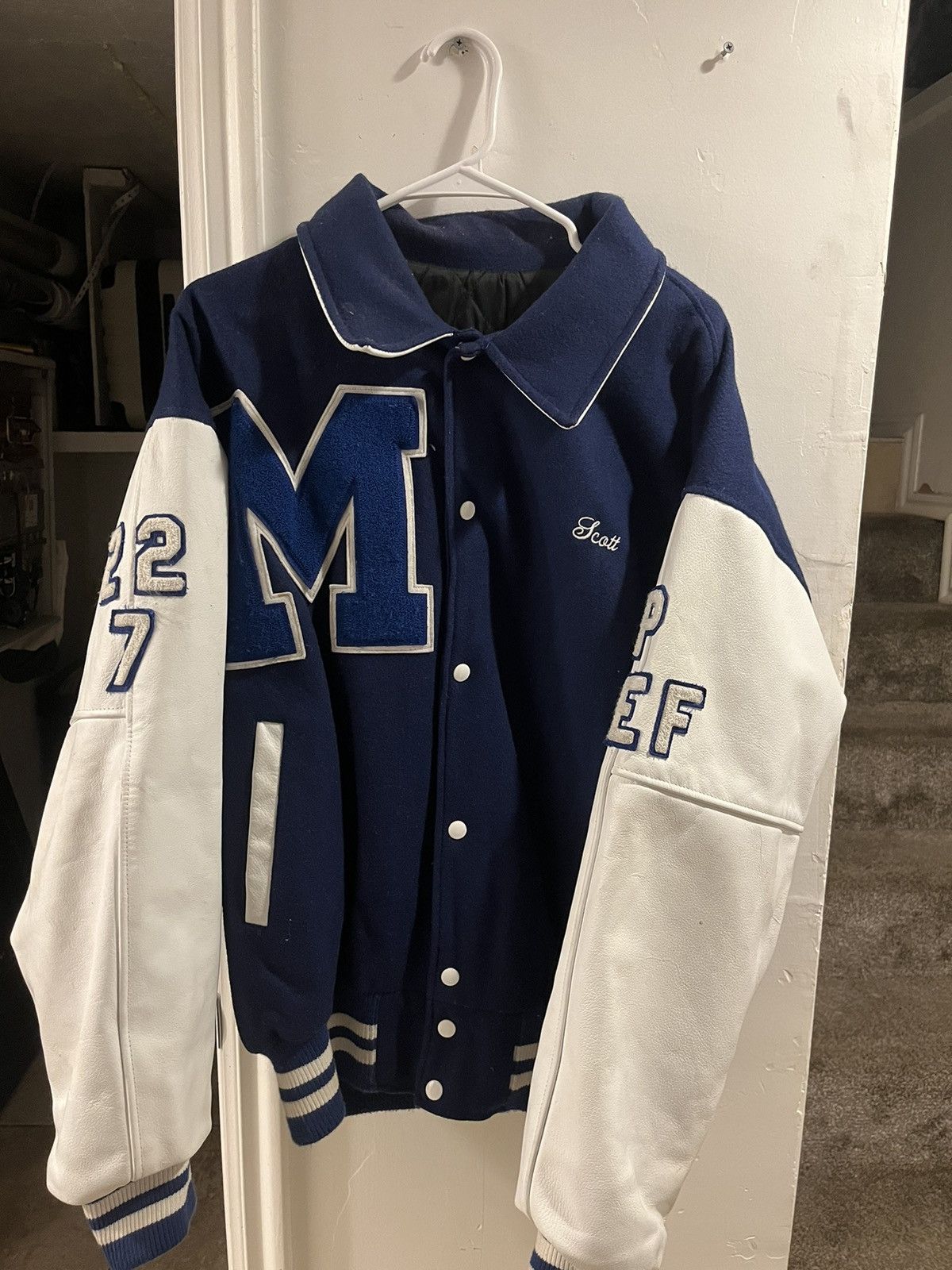 image of Made In USA x Vintage High School Baseball Varsity Jacket in Blue/White, Men's (Size Large)