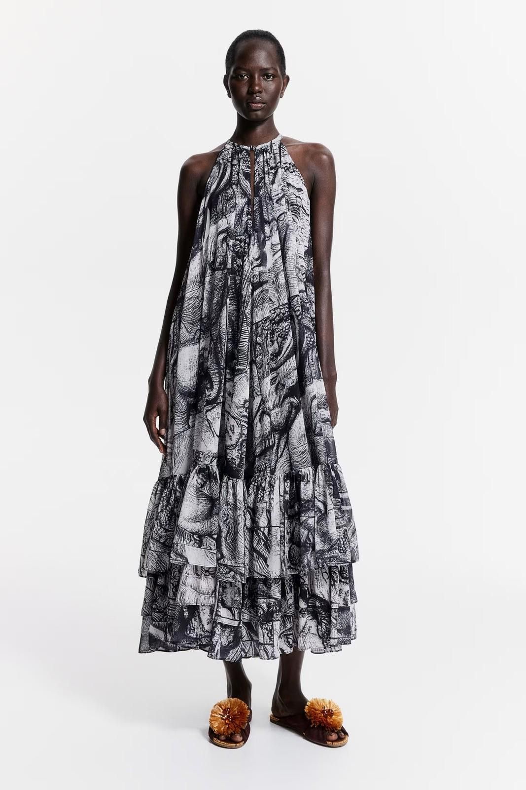 H&M new H&M THE WHITE LOTUS Pattern Chiffon Dress large l 12 Size L / US 10 / IT 46 - 1 Thumbnail